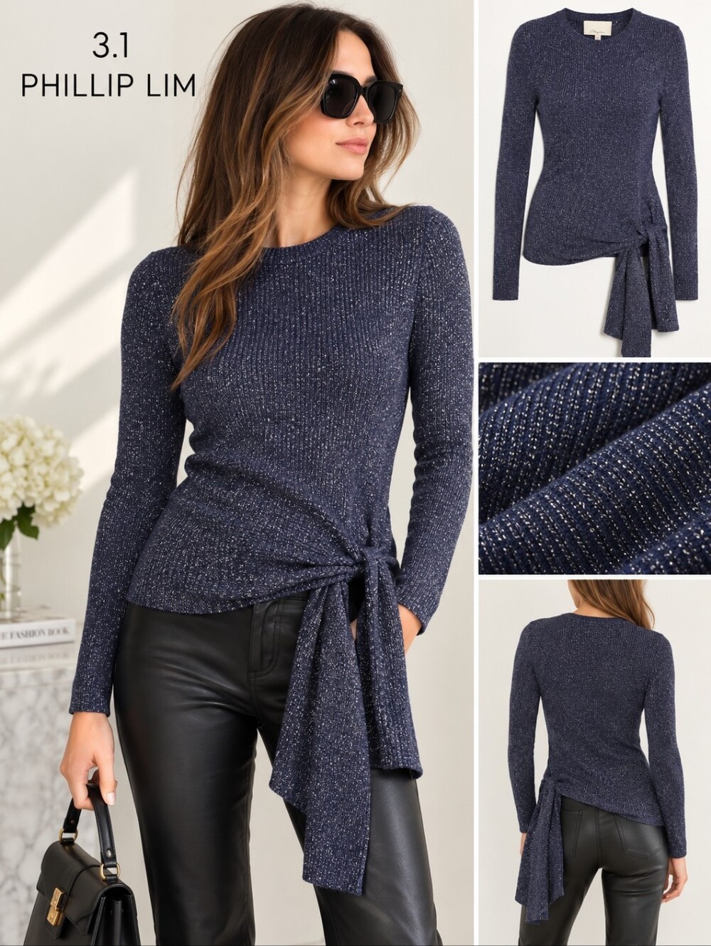 3.1 Phillip Lim Metallic Blue Asymmetric Tie Waist Sweater Size M